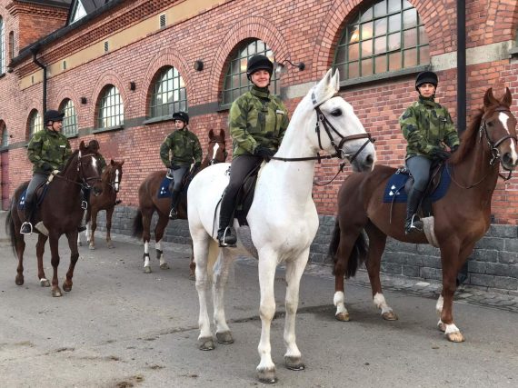Foto: Lena Berg som hjälper till att rida hästarna genom Blå stjärnan. Här ska vi rida ut och jag har en av mina favorithästar Ymer(den vita).