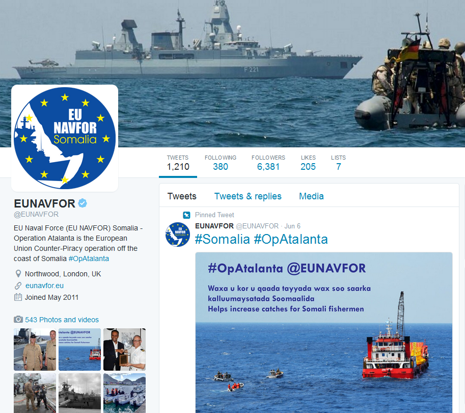 Operation Atalanta använder twitter för att nå ut till fler om operationens verksamhet och betydelse